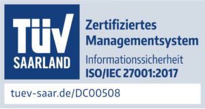 TÜV Saarland Siegel für zertifiziertes Managementsystem Informationssicherheit (ISO/IEC 27001:2017)