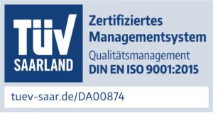 TÜV Saarland Siegel für zertifiziertes Managementsystem Qualitätsmanagement (DIN EN ISO 9001:2015)