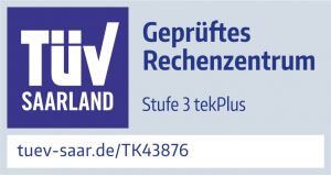 TÜV Saarland Siegel für geprüftes Rechenzentrum (Stufe 3 tekPlus)